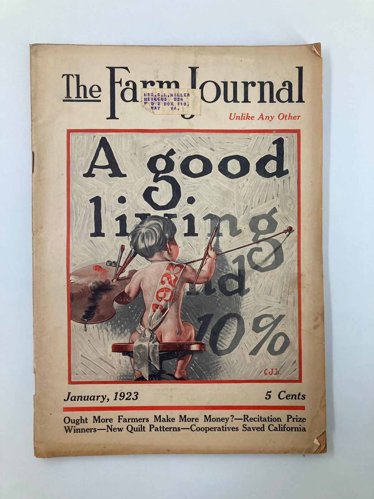 Cover of the VTG The Farm Journal Magazine January 1923 showcasing an illustration with the caption A good living and 10%, reflecting early 20th-century farming themes and advertising.
