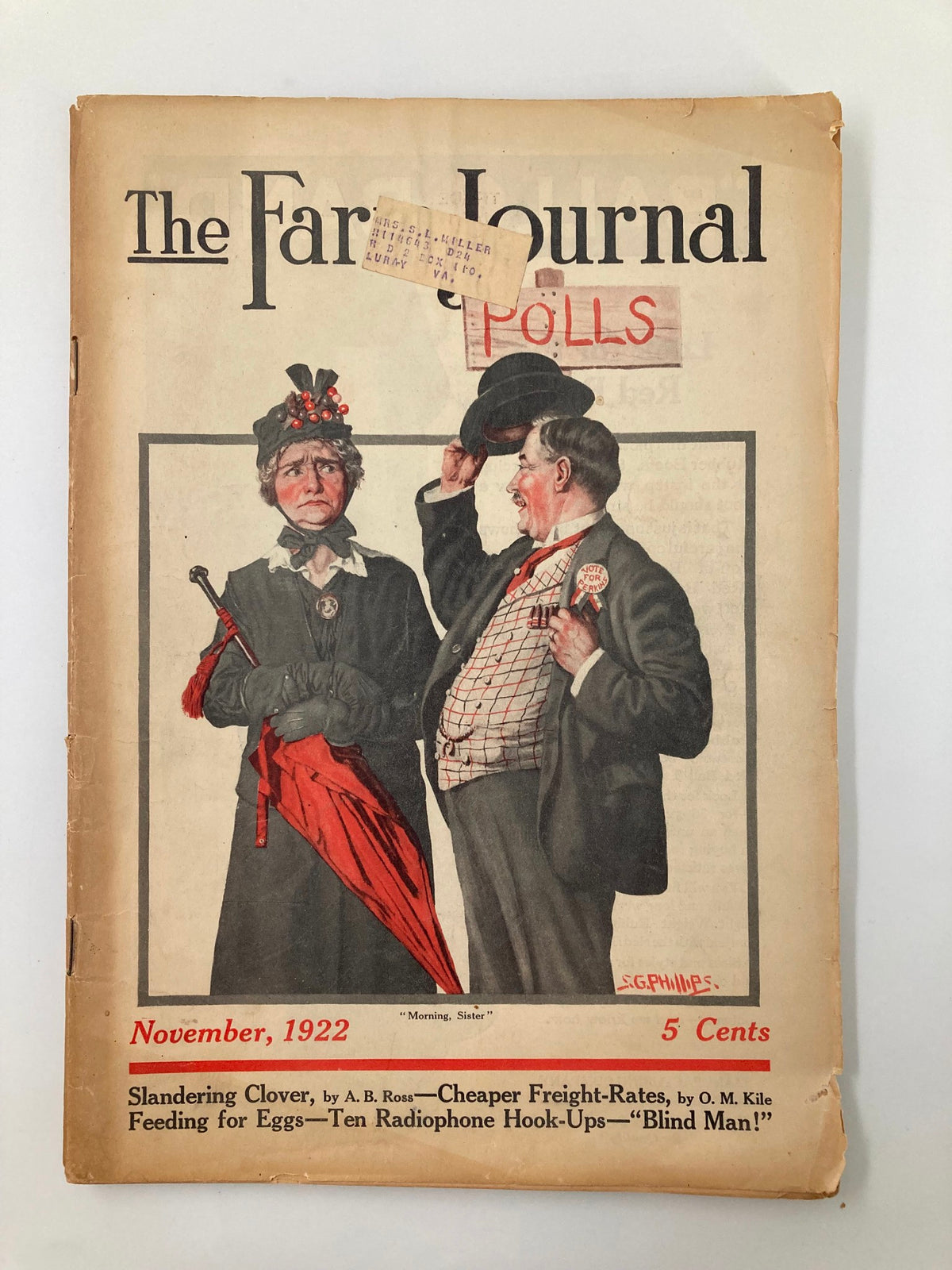 Cover of VTG The Farm Journal Magazine November 1922 featuring an illustration of two characters, one wearing a red hat and holding an umbrella, and the other in a checkered outfit, with text highlighting articles on radiophone technology.