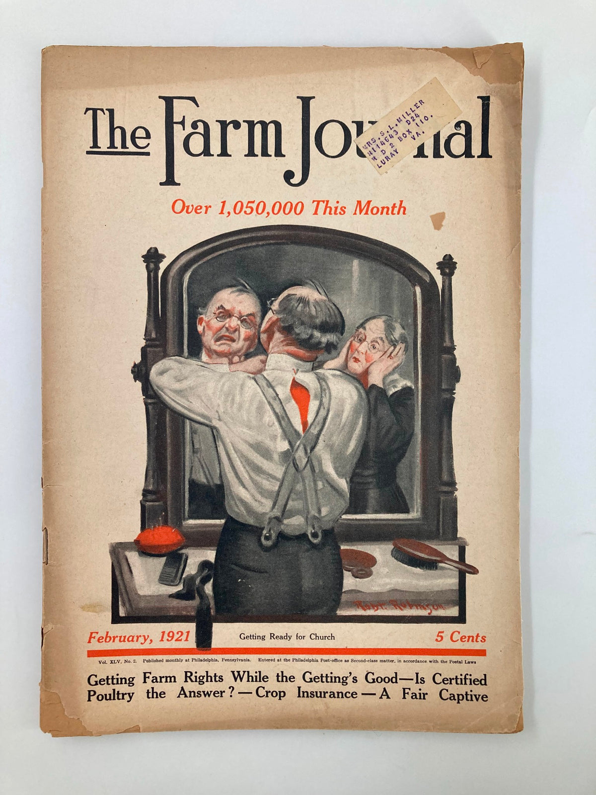 VTG The Farm Journal Magazine February 1921 cover featuring a man adjusting his tie in front of a mirror, showcasing vintage agricultural themes and emphasizing crop insurance.