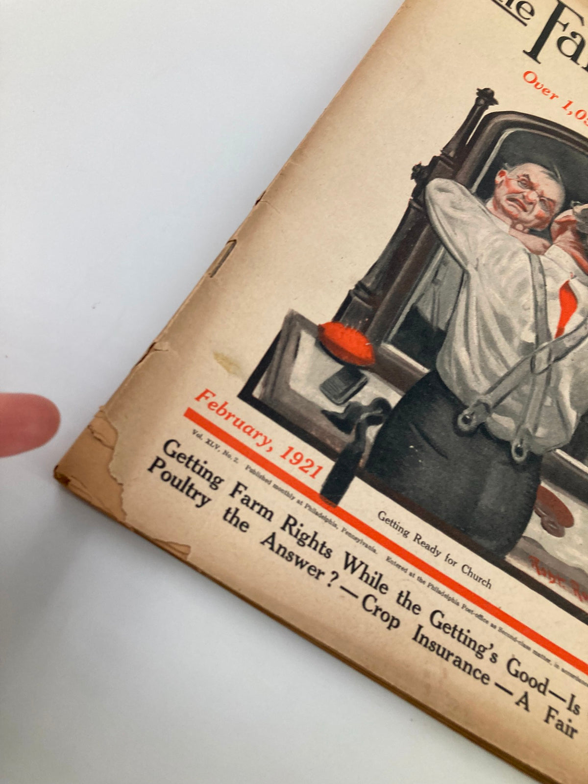Close-up of the February 1921 Farm Journal Magazine highlighting the date and cover text about farming rights and crop insurance, part of the VTG The Farm Journal Magazine.