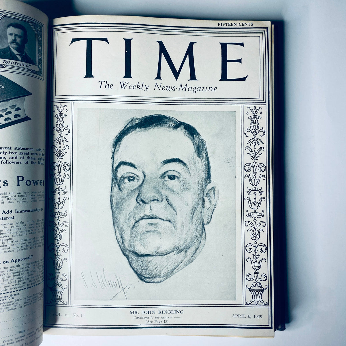 Cover of Time Magazine dated April 6, 1925, featuring a portrait of Mr. John Ringling. This magazine is part of the Time Magazine Bound Weekly collection from January to June 1925.
