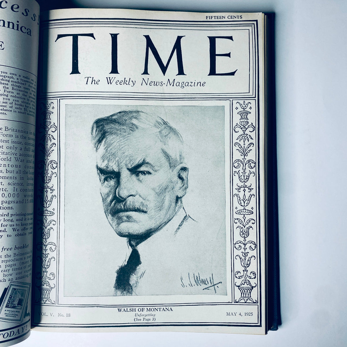 Front page of Time Magazine from May 4, 1925, featuring a drawing of Walsh of Montana. Time Magazine Bound Weekly 1925 January - June Churchill Edison Lull.