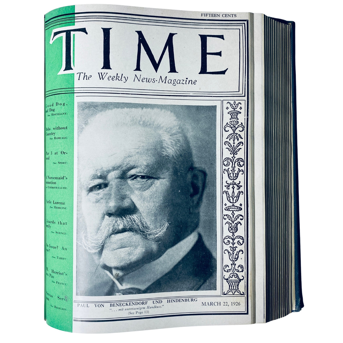 Cover of Time Magazine Bound Weekly for March 22, 1926 featuring Paul von Benekendorff und Hindenburg. This historical magazine provides insight into the political and cultural events of the period.