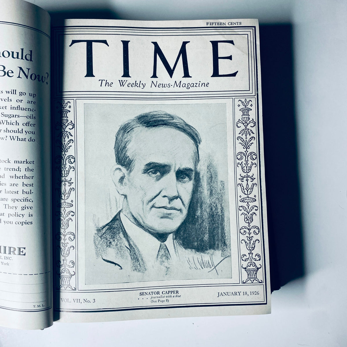 Cover of Time Magazine dated January 18, 1926, featuring Senator Capper, included in the Time Magazine Bound Weekly.