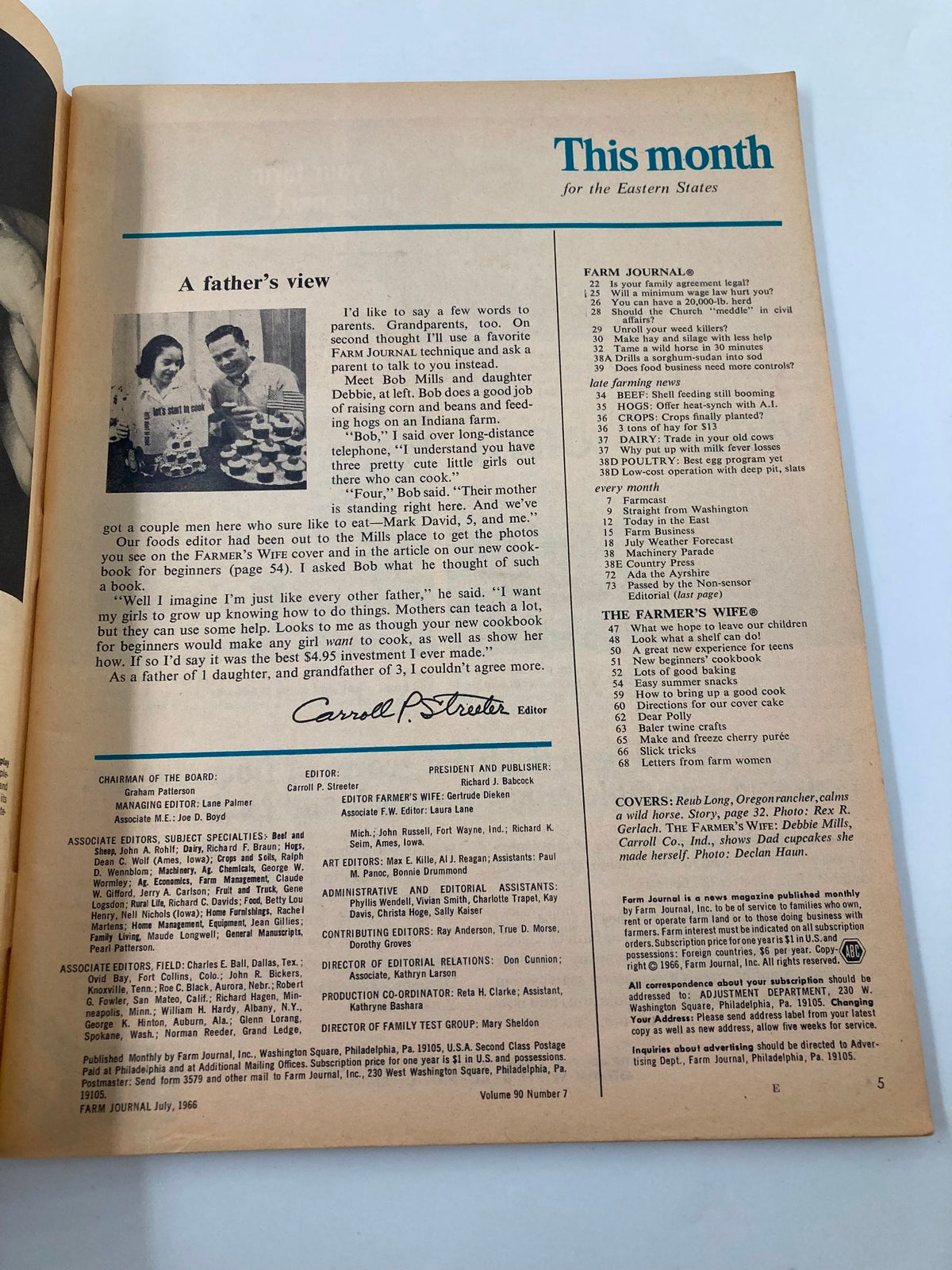 Interior page of VTG Farm Journal Magazine July 1966, highlighting a section titled 'A father's view' with a photograph of Bob Mills and his daughter Debbie. This issue includes topics relevant to agricultural practices and family life on the farm.