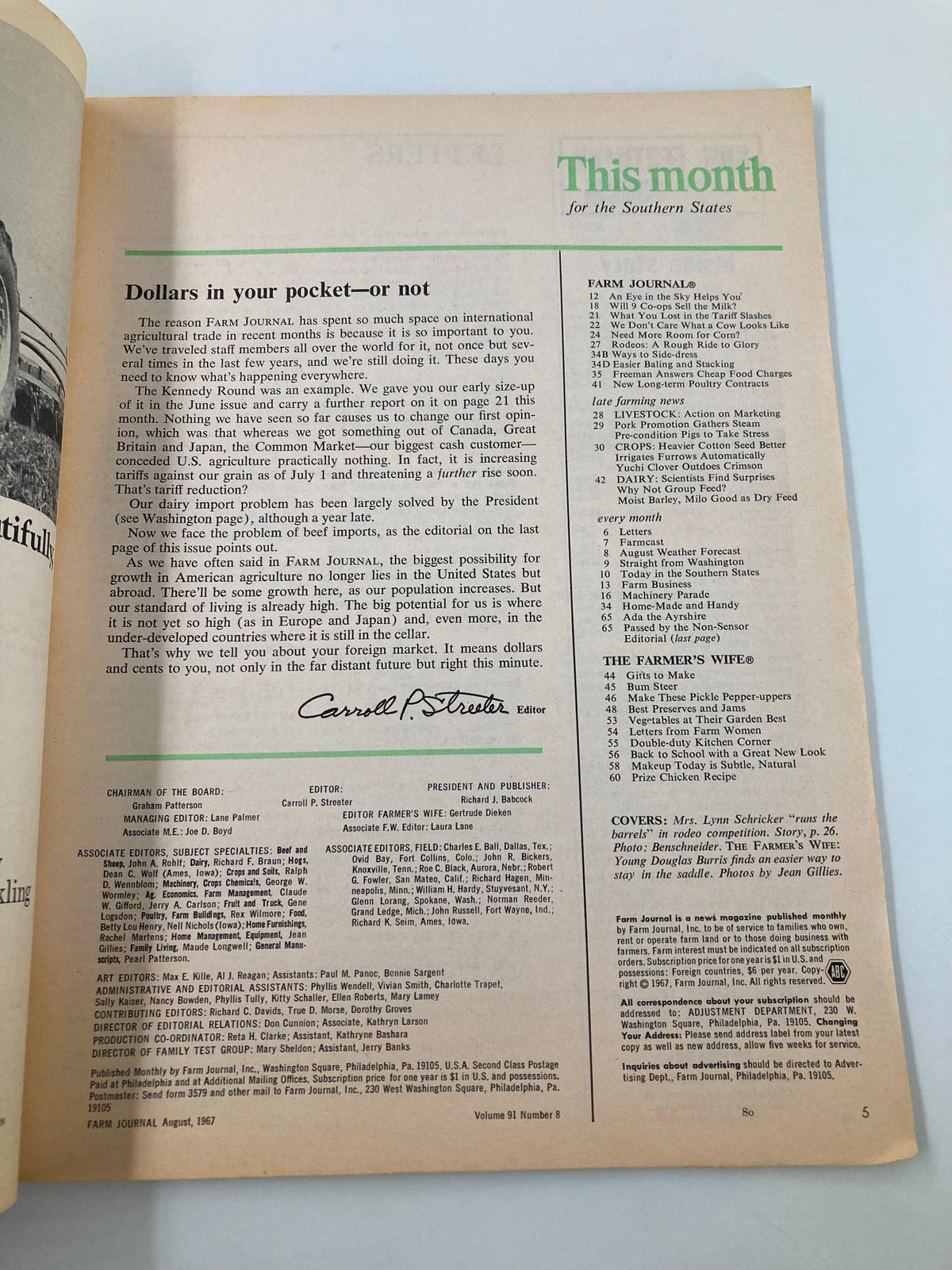 Inside page of VTG Farm Journal Magazine August 1967, featuring articles and contents, including 'Dollars in your pocket—or not' and other agricultural topics.