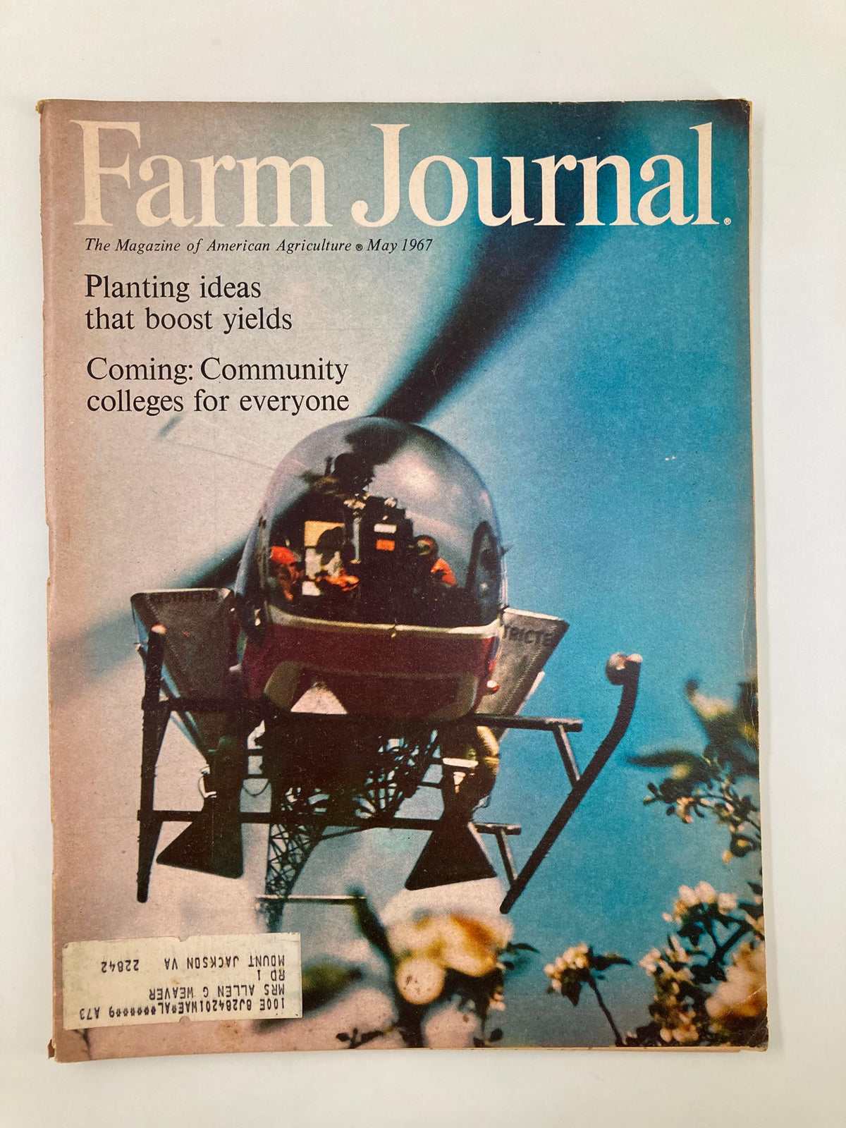 Cover of VTG Farm Journal Magazine, May 1967, featuring a helicopter and the title 'Planting Ideas That Boost Yields' with a focus on agriculture.