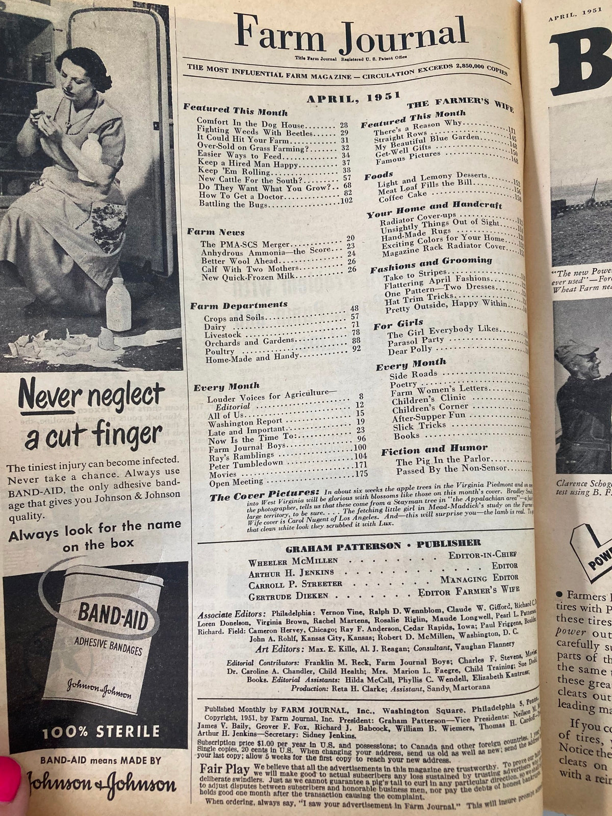 Contents page of VTG Farm Journal Magazine April 1951, outlines various articles including tips for farmers and household advice.