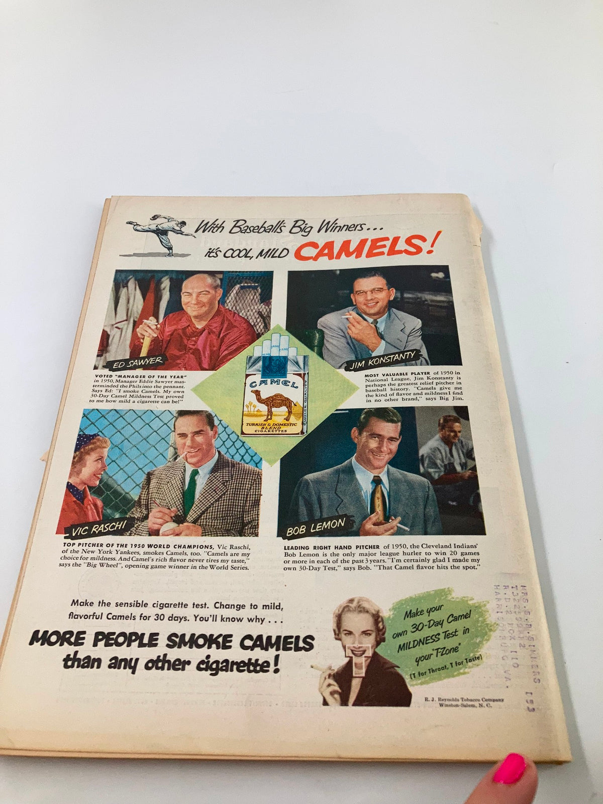 Advertisement in VTG Farm Journal Magazine April 1951 promoting Camel cigarettes with images of baseball players and the slogan 'More people smoke Camels than any other cigarette!'.