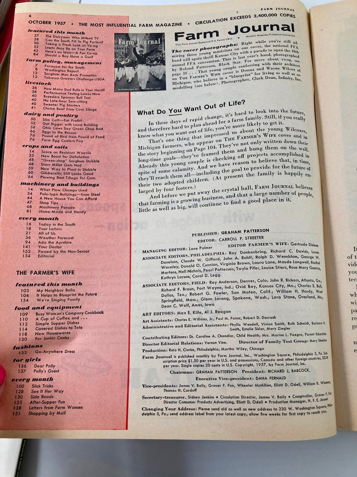 Inside page of the October 1957 VTG Farm Journal Magazine, displaying an editorial section and features list, highlighting the magazine's agriculture topics and community focus.