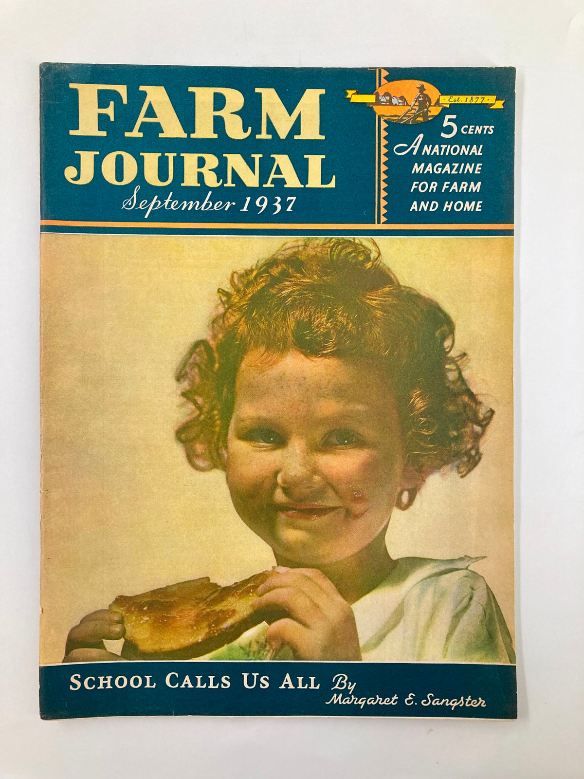 Cover of VTG Farm Journal Magazine from September 1937 featuring the article 'School Calls Us All' by Margaret Sangster with an image of a smiling child holding a slice of bread.