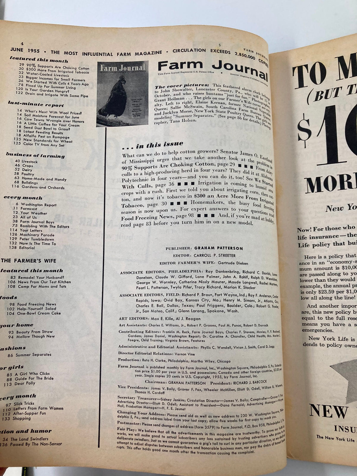 Inside page of VTG Farm Journal Magazine June 1955 showcasing featured articles and content including farming tips and household advice.