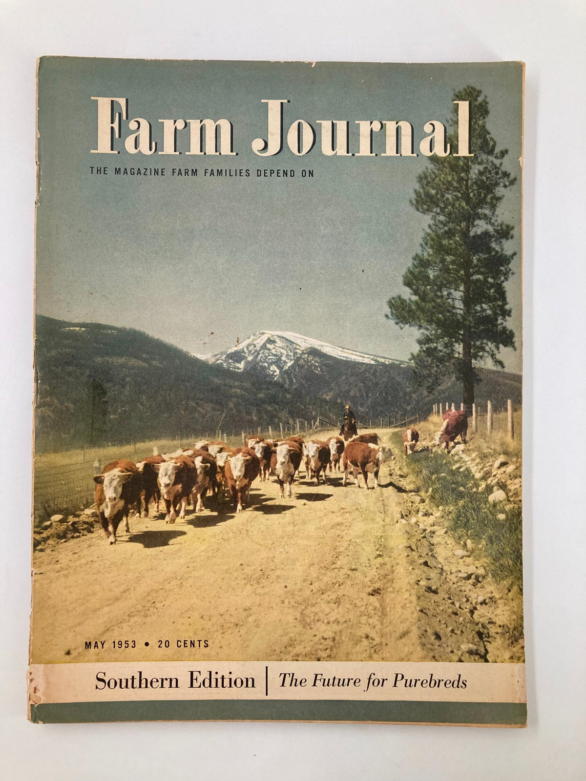 Cover of Farm Journal Magazine from May 1953 featuring a pastoral scene with cattle on a dirt road and tree-lined mountains, highlighting Sixth-Generation Curtice-Martin Herefords.
