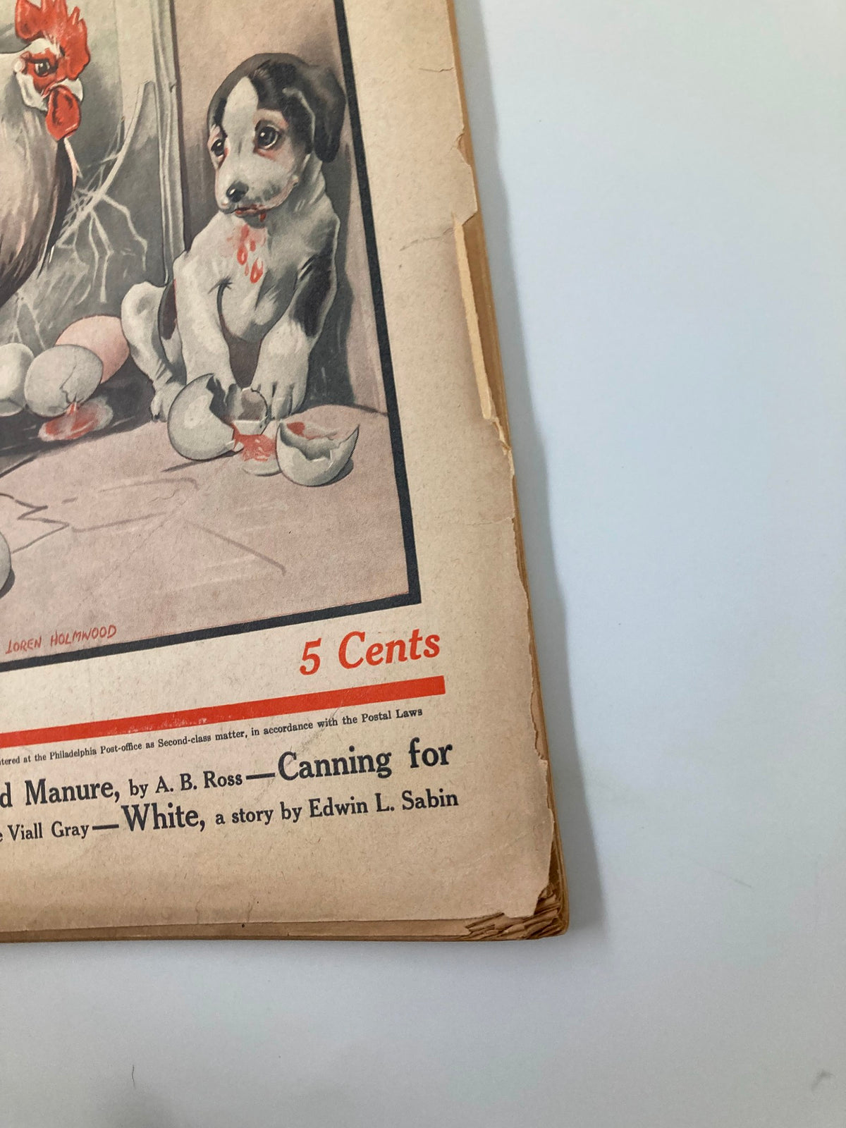 Cover corner of VTG The Farm Journal Magazine April 1921 featuring an illustration with a puppy, highlighting the article on barnyard manure.