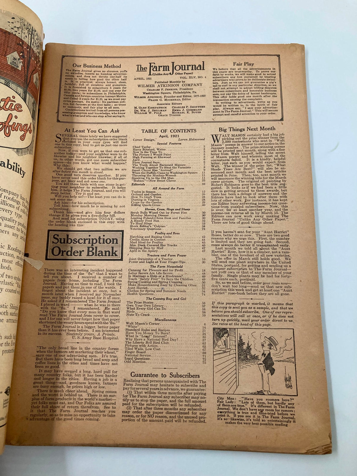 Inside page of VTG The Farm Journal Magazine April 1921 displaying the table of contents and subscription order blank for readers.