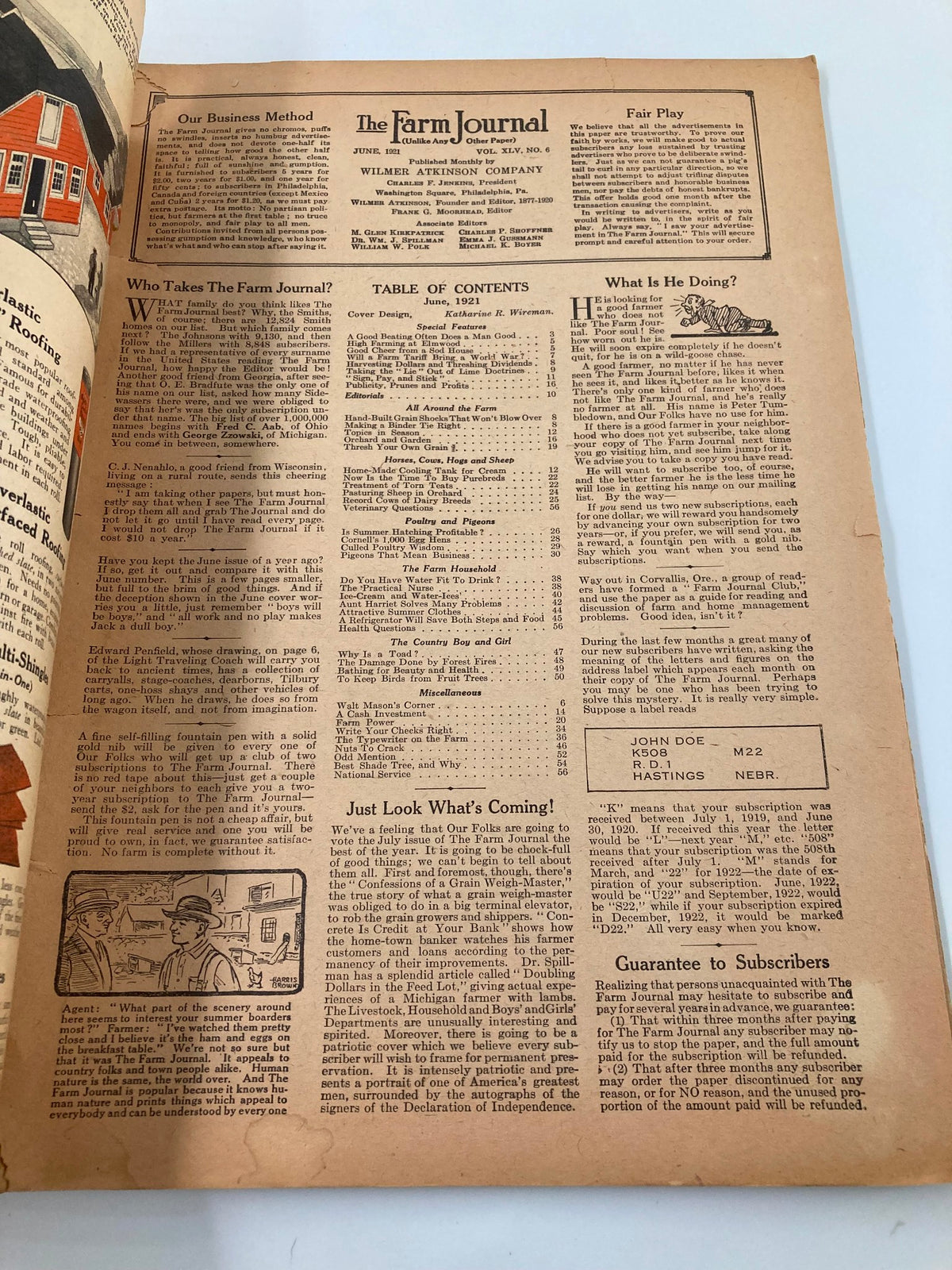 Page from 'The Farm Journal' magazine June 1921 featuring the table of contents and articles. This edition discusses tariffs' impact on agriculture, reflecting early 20th-century economic debates. Original magazine from Original Magazines.