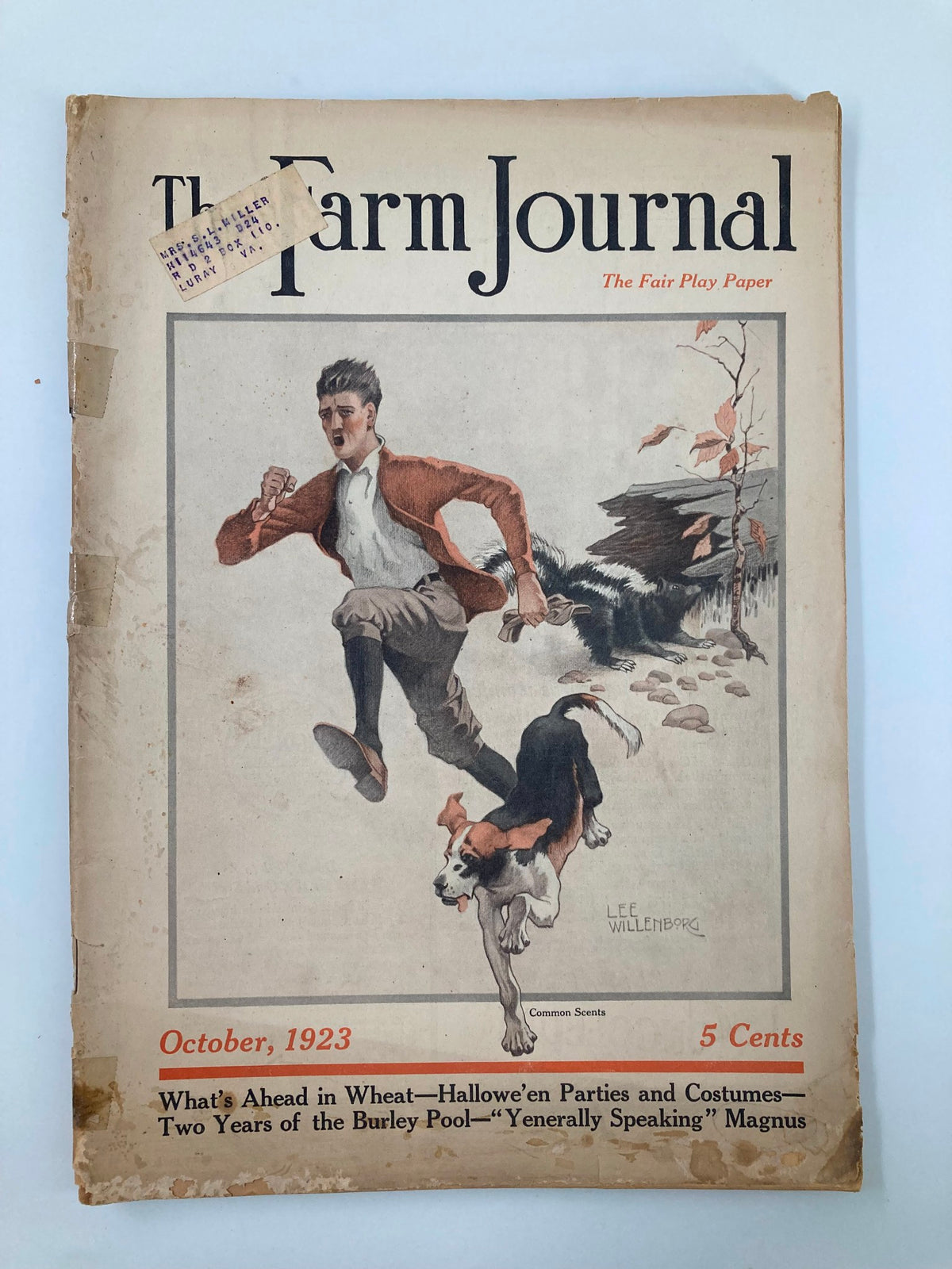 Cover of VTG The Farm Journal Magazine October 1923 featuring a man jumping with a dog, highlighting two years of the Burley Pool.