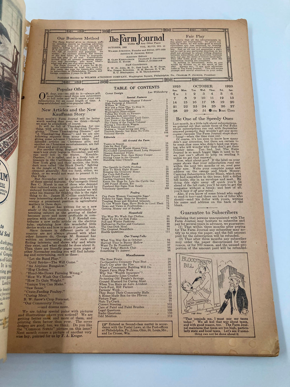 Inside page of VTG The Farm Journal Magazine October 1923, revealing the table of contents and layout of articles.