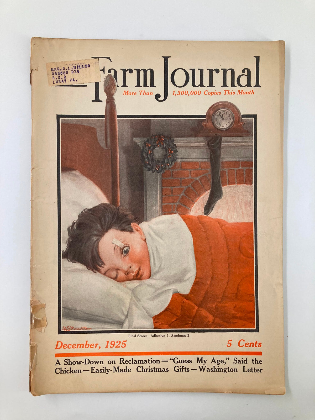 VTG The Farm Journal Magazine December 1925 covering a nostalgic illustration of a child sleeping beside a cozy fireplace, showcasing the charm of historical publications.