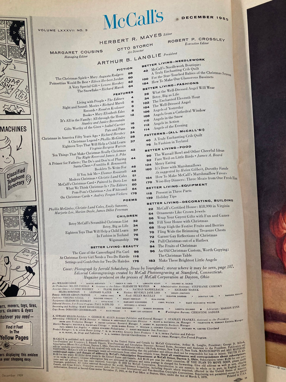 Interior page of VTG McCall's Magazine December 1959 displaying the contents list, featuring various articles and themes relevant to holiday celebrations.
