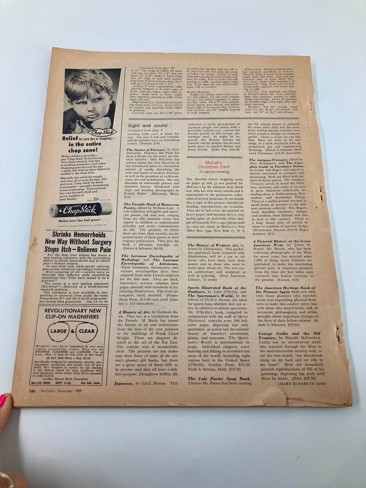 Inside page of VTG McCall's Magazine December 1959 showcasing articles and advertisements, reflecting historical holiday traditions and promotions from the era.
