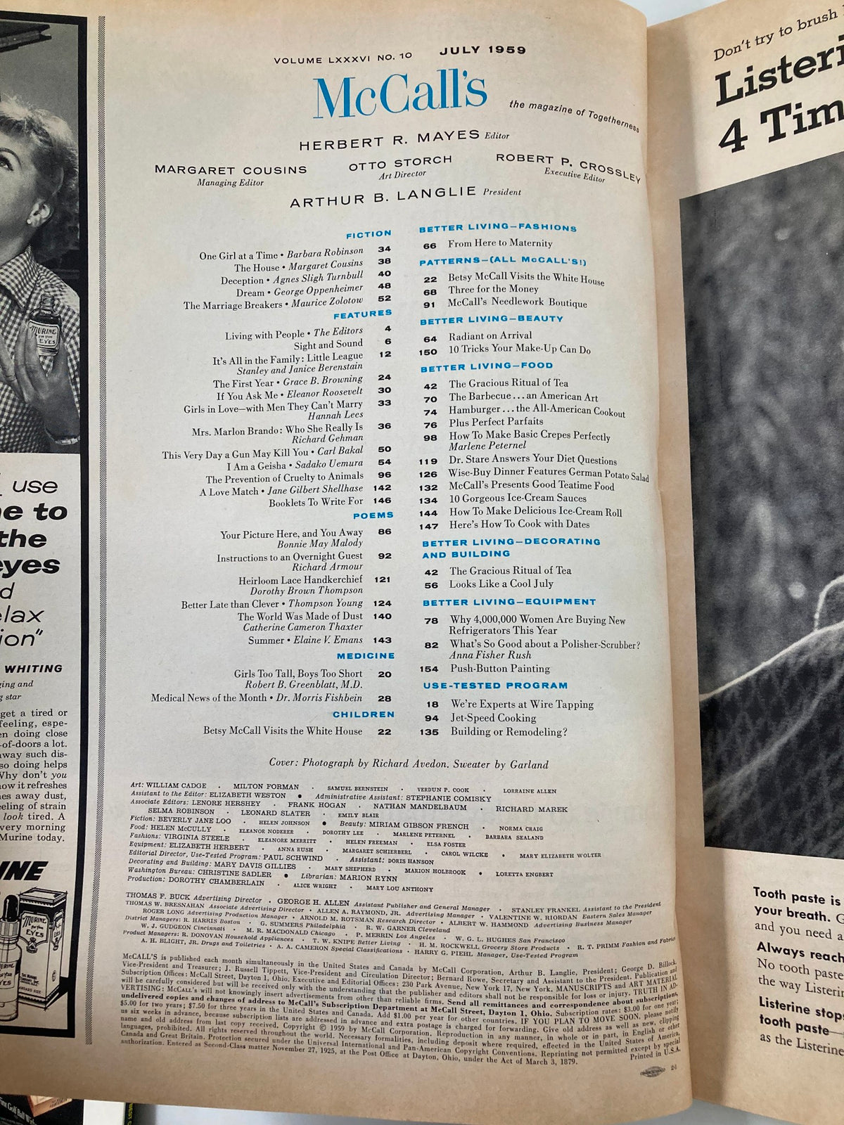 Inside page of the July 1959 McCall's Magazine, Volume 86, Issue 10, displaying the table of contents with articles and features from that era.