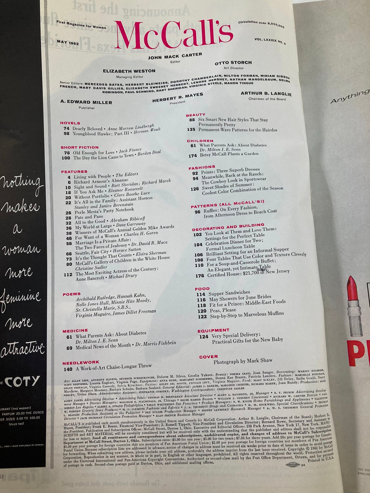 Inside page of the VTG McCall's Magazine May 1962 displaying the contents, with a detailed list of featured articles and photography information from the historical issue.