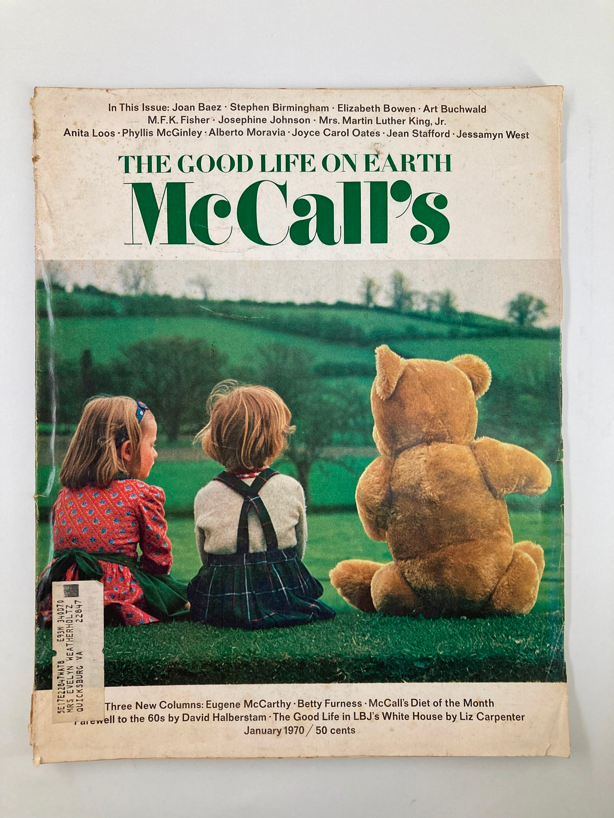 Cover of VTG McCall's Magazine January 1970 titled 'The Good Life on Earth' featuring two children sitting with a teddy bear, highlighting the Alpine lifestyle.