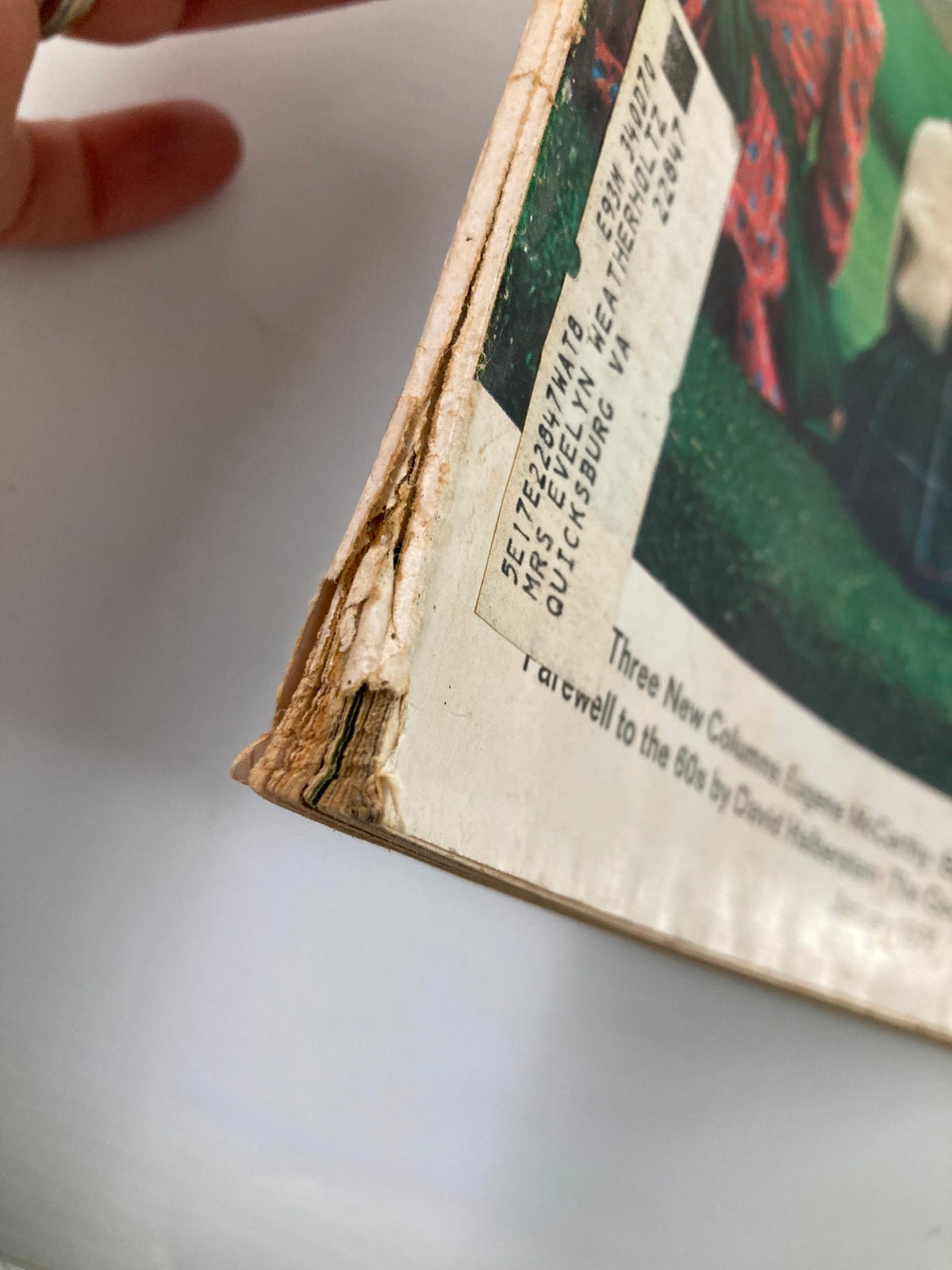 Close-up image of the spine of VTG McCall's Magazine January 1970, revealing the vintage label and signs of aging, with the title 'The Good Life on Earth' visible.