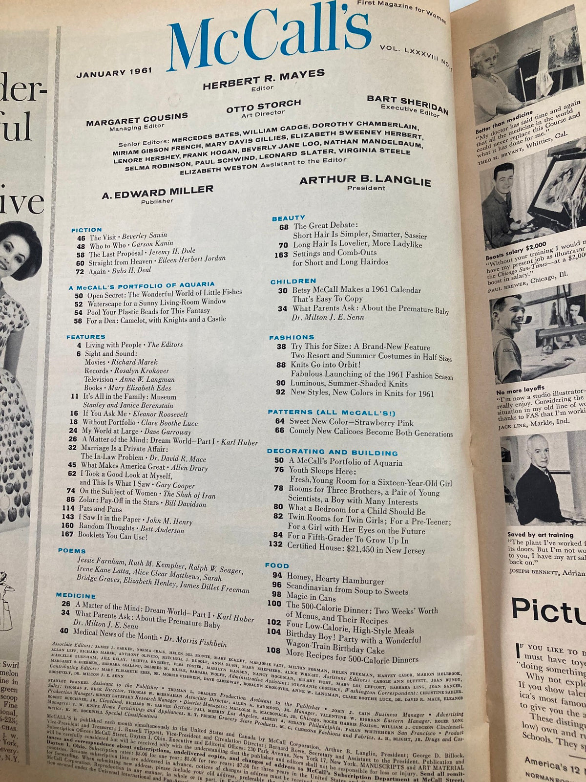 Interior page of VTG McCall's Magazine January 1961 titled 'The Wonderful World of Little Fishes', showcasing the table of contents and features, including articles and notable contributors.