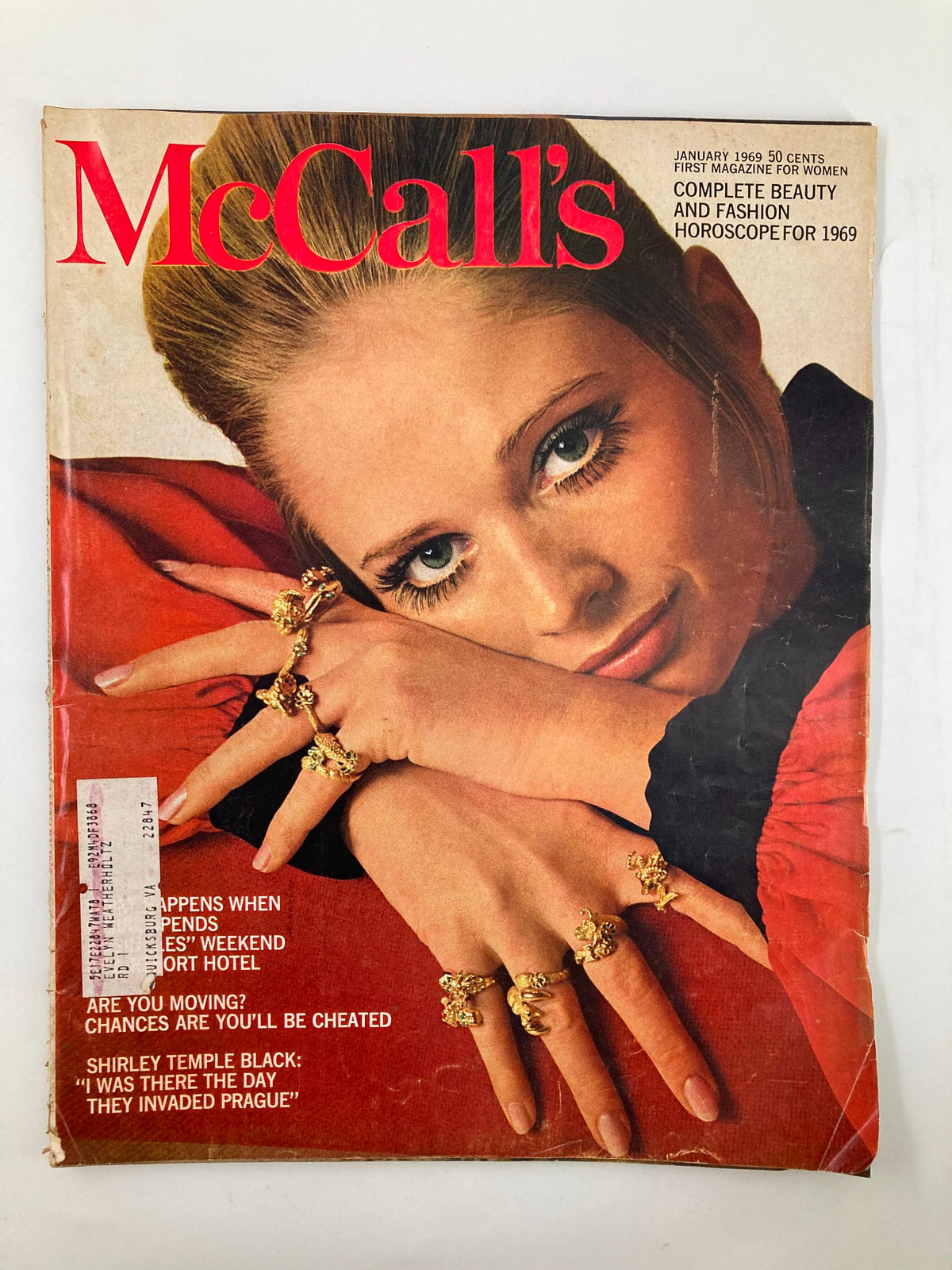 Cover of VTG McCall's Magazine January 1969 featuring a model with gold rings, highlighting the themes of beauty and fashion for 1969.