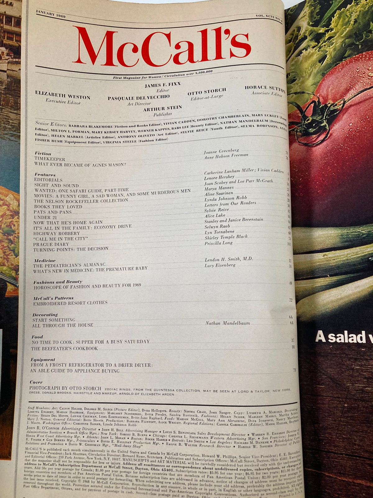 Interior page of the January 1969 issue of McCall's Magazine featuring table of contents. This vintage magazine highlights articles, editorials, and features relevant to the era. The title 'VTG McCall's Magazine January 1969 Shirley Temple Back and Prague Invaded' is prominently associated with its nostalgic content.