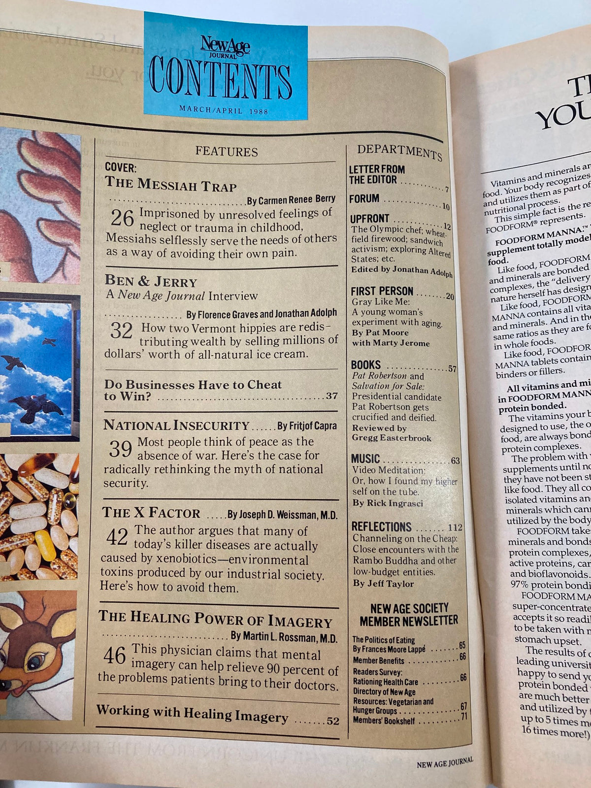 Contents page of the VTG New Age Journal magazine March-April 1988 listing featured articles including 'The Messiah Trap' and 'Ben & Jerry: A New Age Journal Interview.' This page provides insight into the thought-provoking content of the magazine focused on spirituality and human potential.
