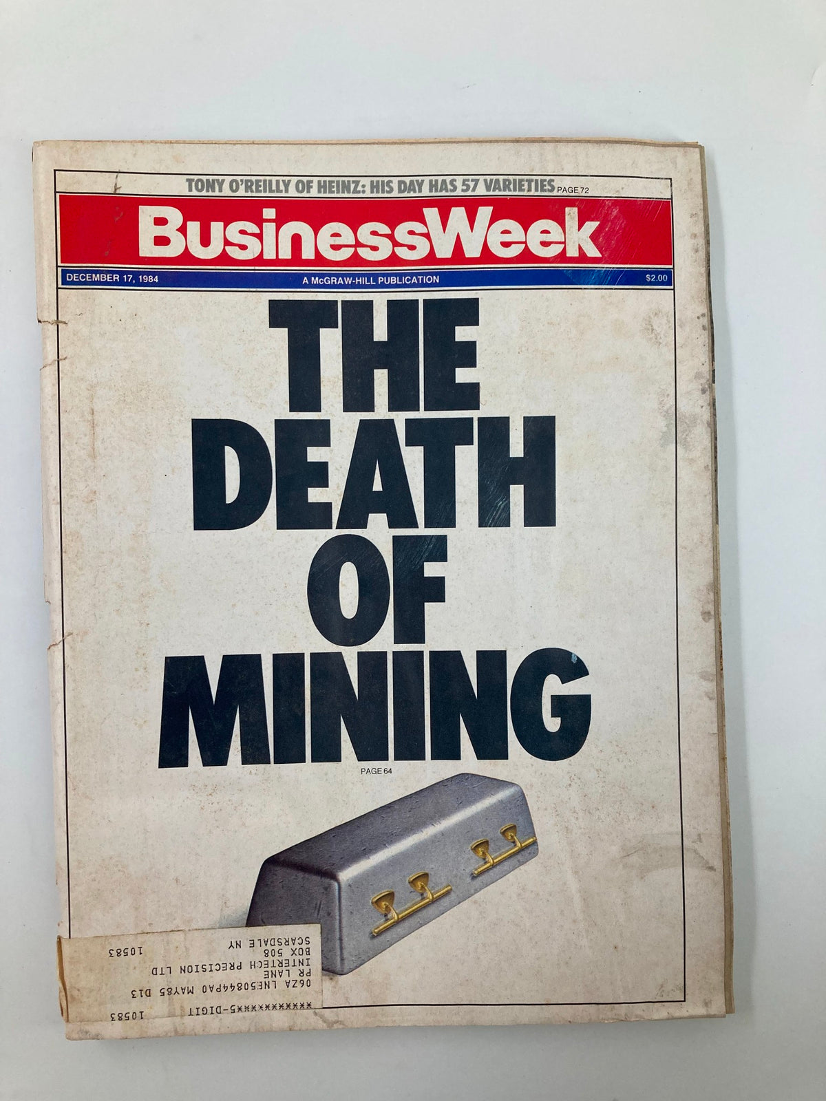 Cover of Business Week Magazine, December 17, 1984, featuring the article titled 'The Death of Mining' by Tony O'Reilly, highlighting economic challenges in the mining industry.
