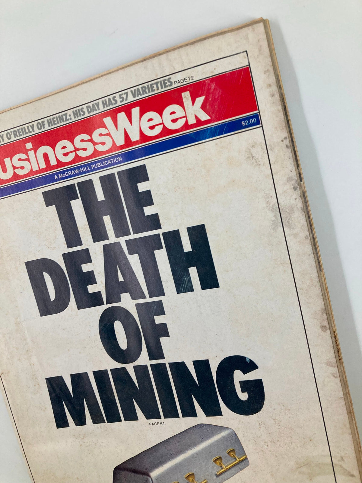Close-up of the cover of Business Week Magazine, December 17, 1984, displaying the bold title 'The Death of Mining' by Tony O'Reilly, indicative of 1980s mining sector issues.