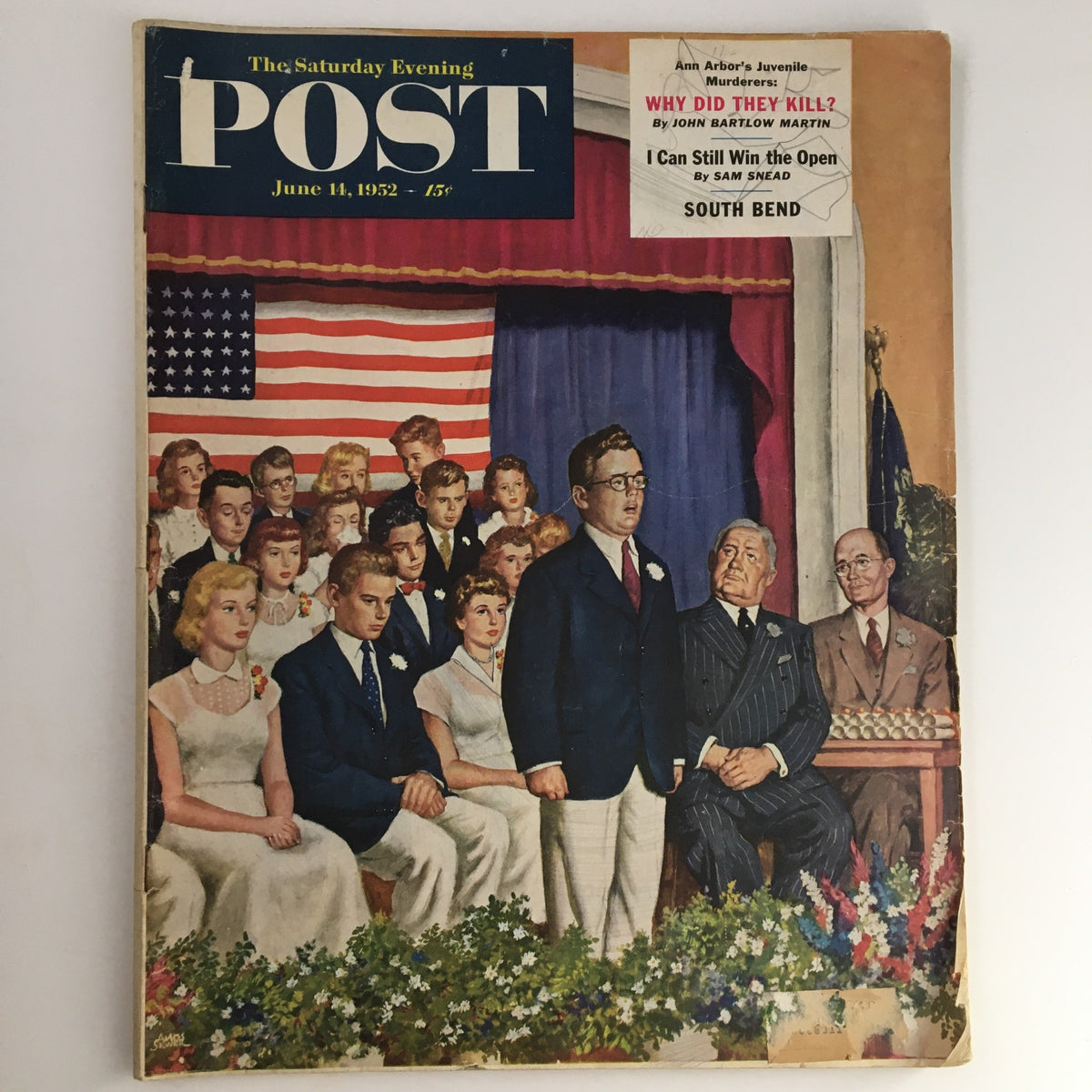 Cover of The Saturday Evening Post from June 14, 1952, featuring the headline 'Ann Arbor's Juvenile Murderers.' The cover showcases an illustrated scene with a crowd, an American flag, and prominent figures, highlighting the cultural significance of juvenile crime in the 1950s.