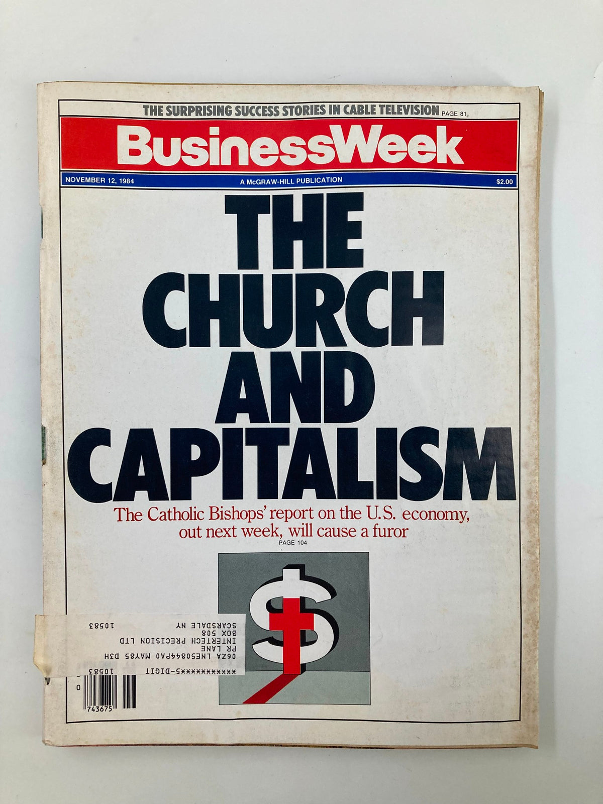 Cover of Business Week Magazine November 12, 1984 featuring the title 'The Church and Capitalism' with a graphic of a cross and dollar sign.