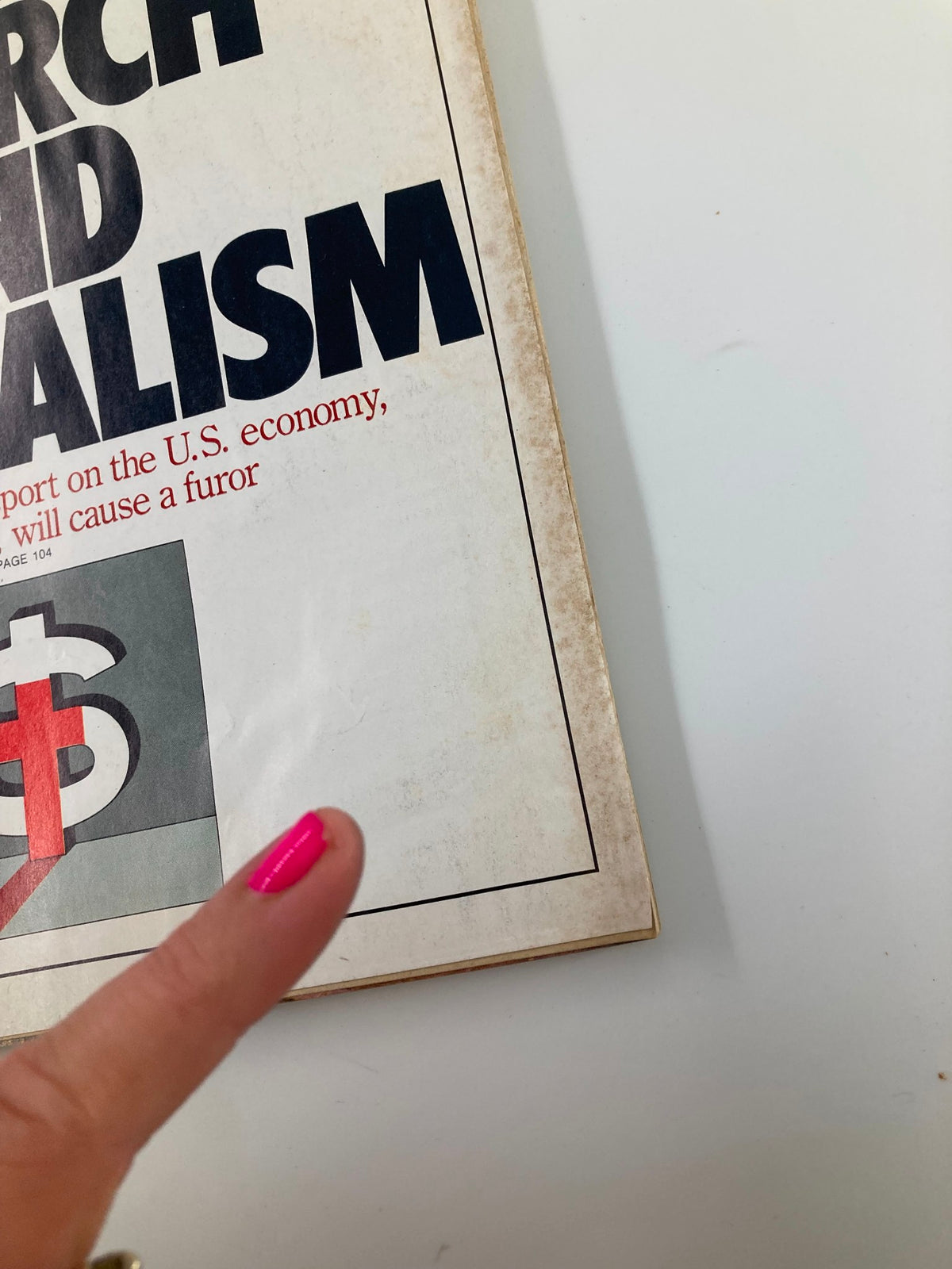 Close-up view of the Business Week Magazine November 12, 1984 cover, highlighting the title 'The Church and Capitalism' with an emphasis on the cross and dollar symbol.