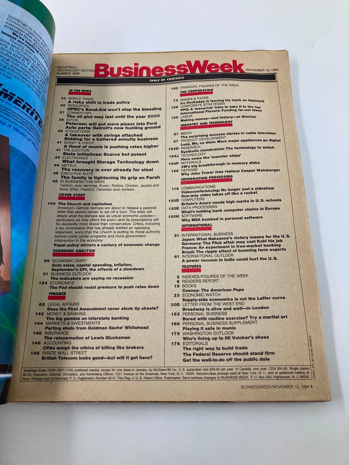 Table of contents page from Business Week Magazine November 12, 1984, listing various articles including the cover story 'The Church and Capitalism' that explores the relationship between faith and economics.