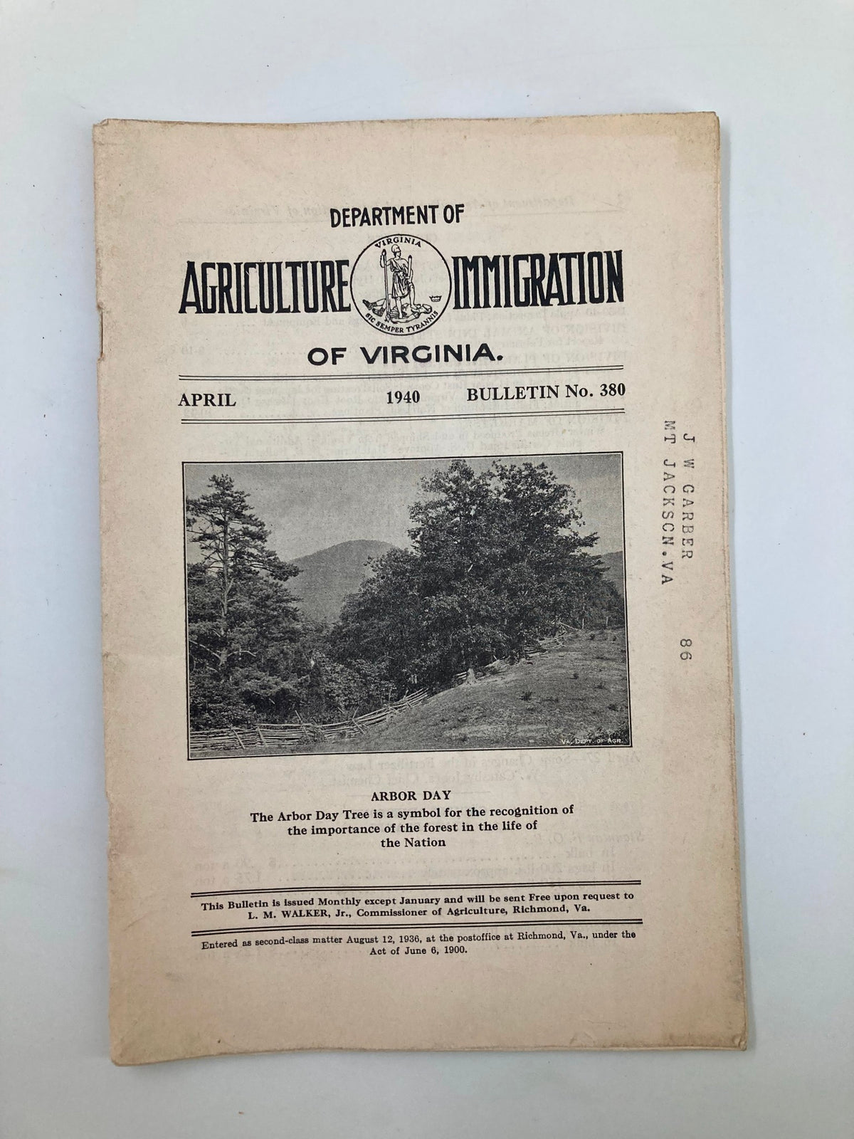 VTG Department of Agriculture Immigration of Virginia April 1940 Bulletin No. 69 cover featuring historical content and an image promoting Arbor Day, showcasing vintage publishing and agricultural history.