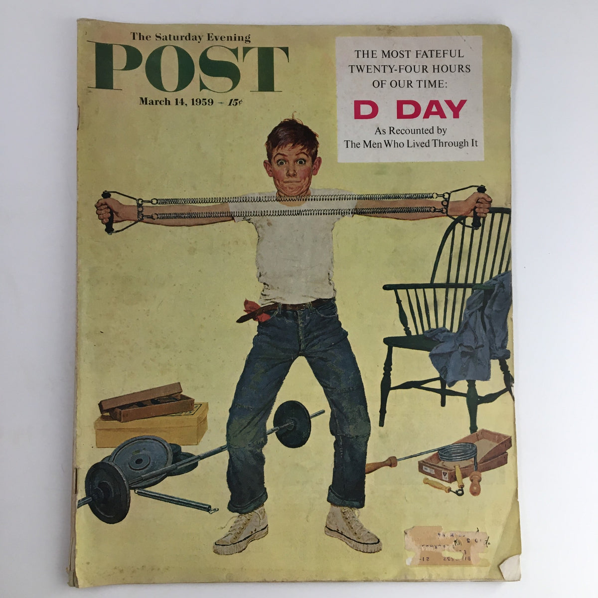 Cover of The Saturday Evening Post March 14 1959 featuring a young boy lifting weights, symbolizing resilience during Dooms Day as recounted by men who lived through it.