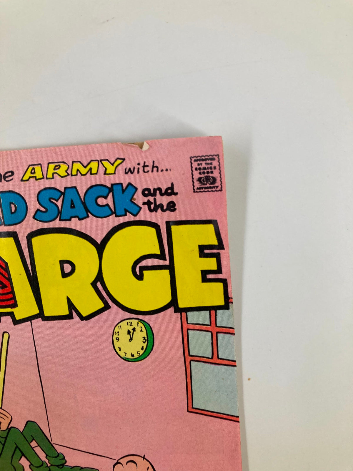 Close-up view of the title of the 1957 No. 119 Fun in the Army with Sad Sack and the Sarge Comic Book, showcasing the colorful design.