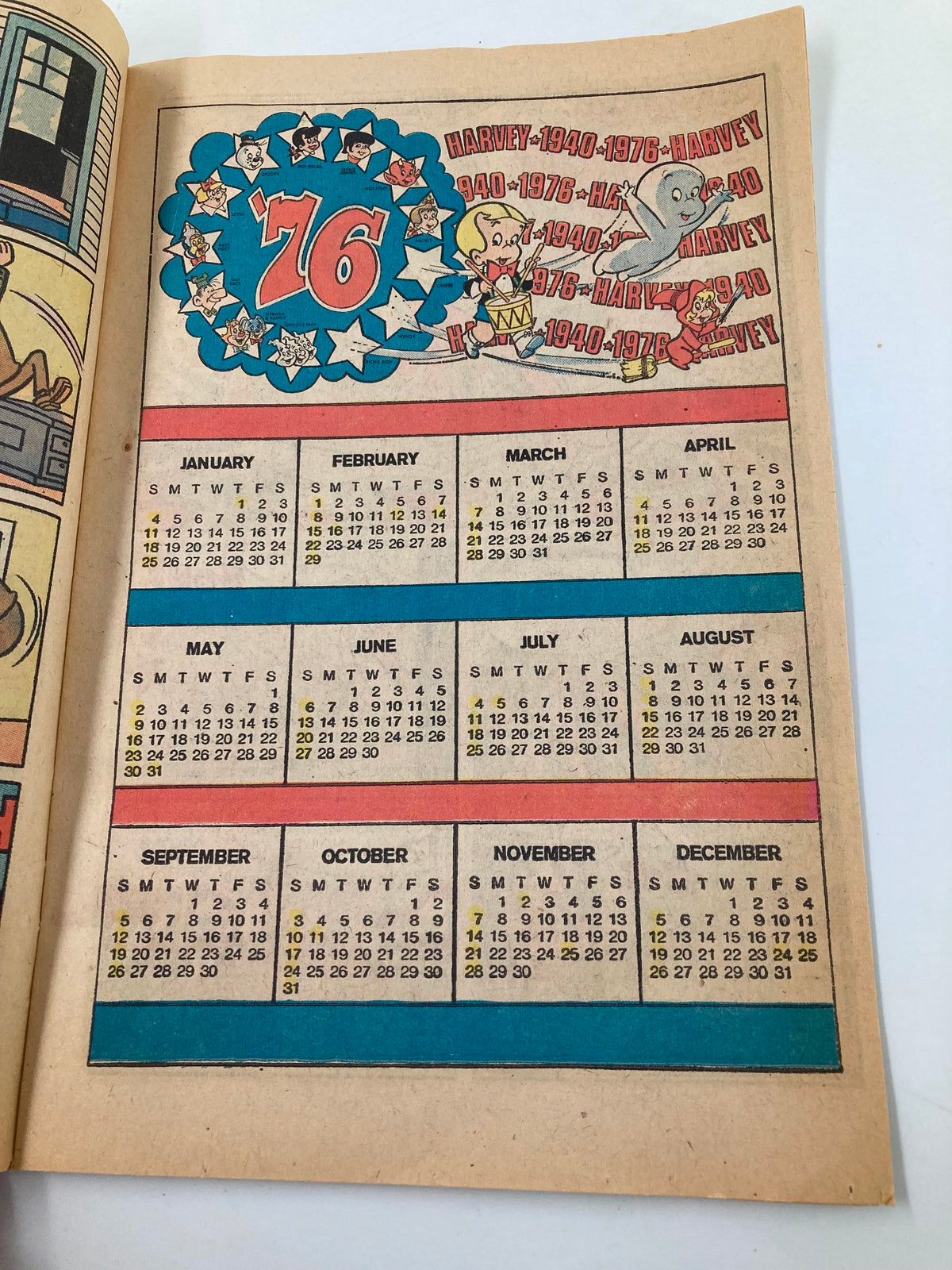 Another interior page from the 1957 No. 119 Fun in the Army with Sad Sack and the Sarge Comic Book showcasing a colorful calendar for the year 1976.
