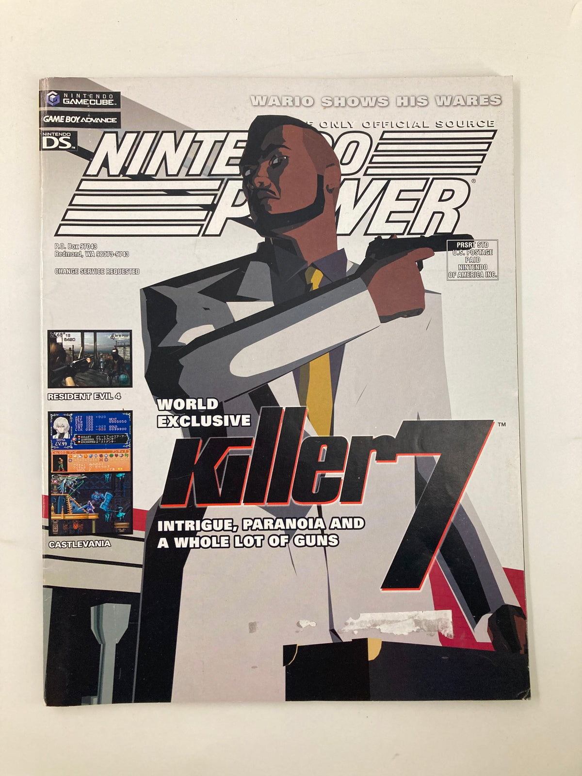 Cover of Nintendo Power Magazine April 2005 #190 featuring Killer 7, showcasing the game’s protagonist with a dramatic pose and vibrant graphics in a collector's edition.