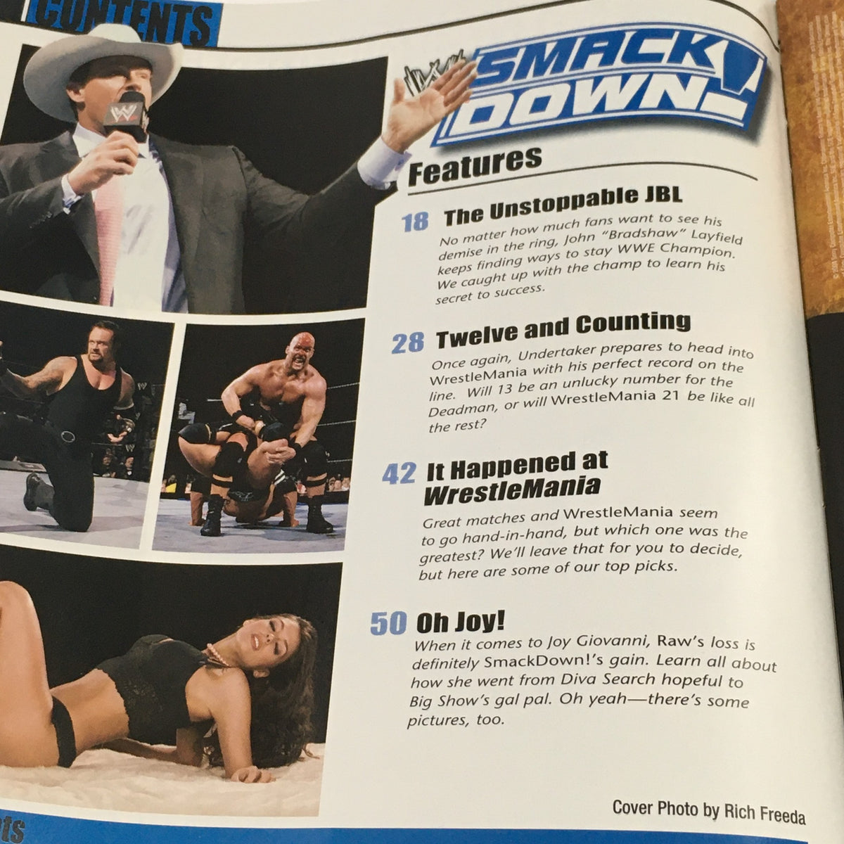 Inside contents page of WWE Raw Magazine March 2005, featuring The Undertaker and Joy Giovanni, with an overview of the magazine's articles and highlights from WrestleMania.