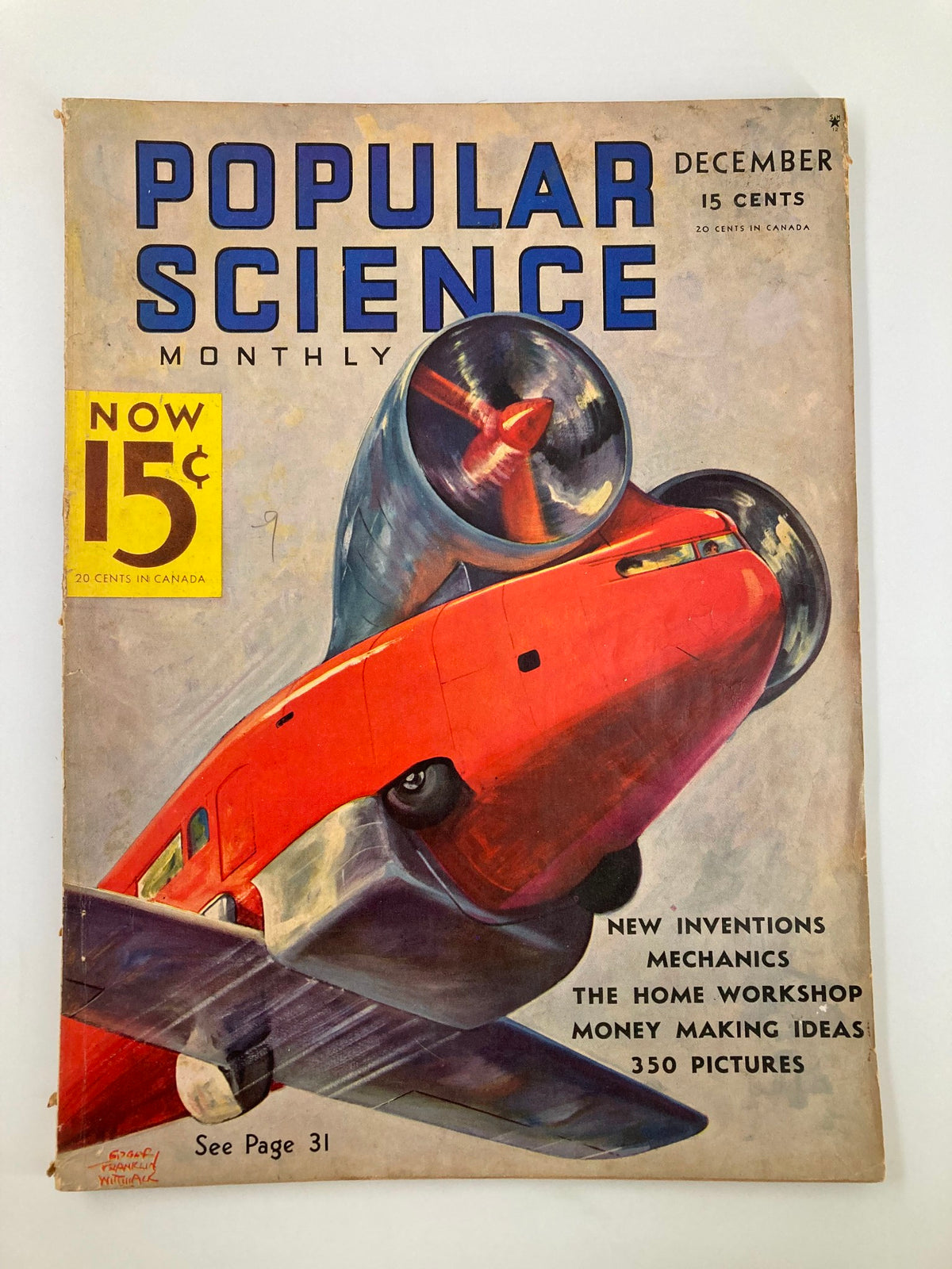 VTG Popular Science Magazine December 1935 cover featuring an illustration of a vintage aircraft with a bold title and price indicating 15 cents.