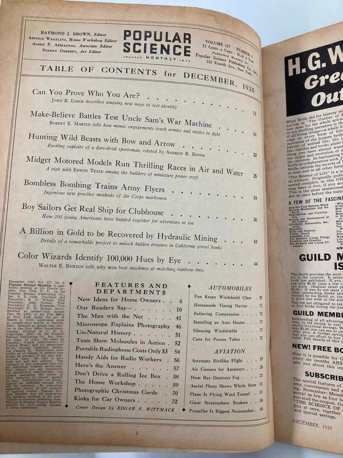 Inside page of the VTG Popular Science Magazine December 1935 displaying the table of contents with articles including "Hunting Wild Beasts with Bow and Arrow."