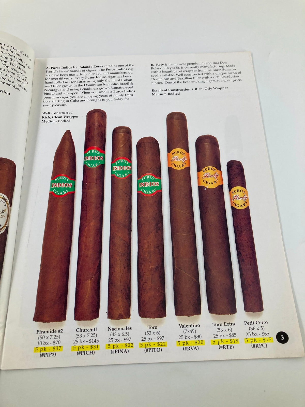 Page interior of The Original Cigar Clothing Company Catalog 1997 Vol 1 #3 displaying various cigar types including Puros Indios cigars, with descriptions and sizing details.