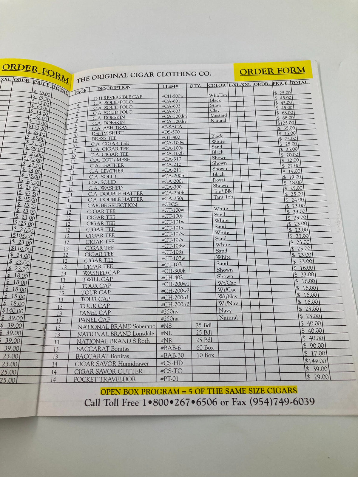 Order form page from The Original Cigar Clothing Company Catalog 1997 Vol 1 #3 detailing apparel items available for order, including pricing and descriptions.