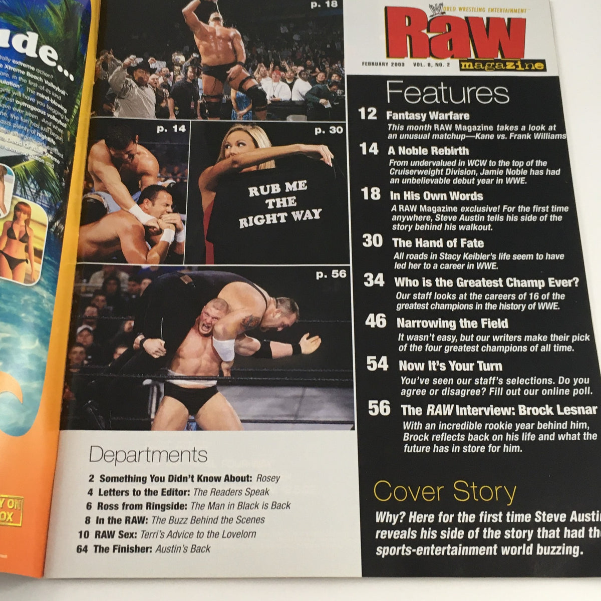 Inside cover of WWE Raw Magazine February 2003 titled 'The Stone Cold Truth' featuring wrestling action shots and magazine features on notable matches.